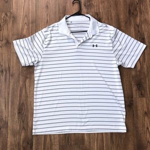 Under Armour heatgear white with black and gray striped polo loose fit mens XL
